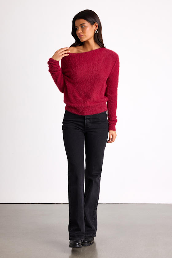 Lulus Care For You Berry Red Eyelash Knit Cowl Neck Reversible Sweater In Red