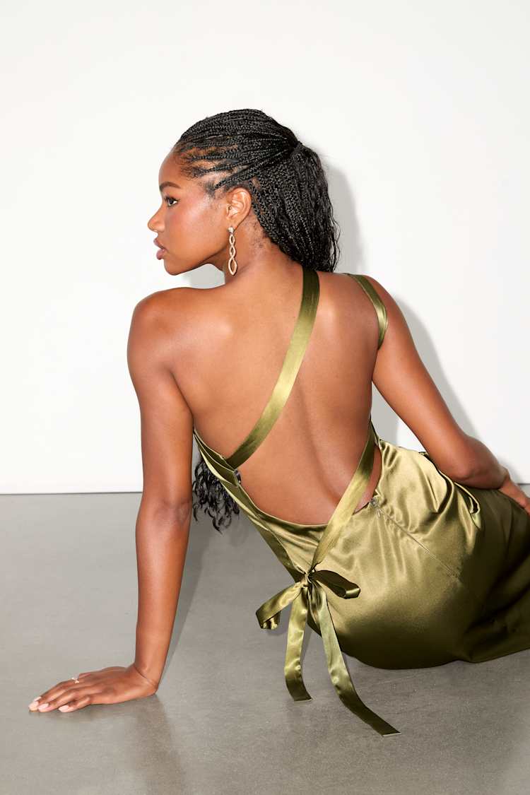Olive Green Satin One-Shoulder Midi Dress | Womens | Small (Available in XS, M, L, XL) | 100% Polyester | Lulus
