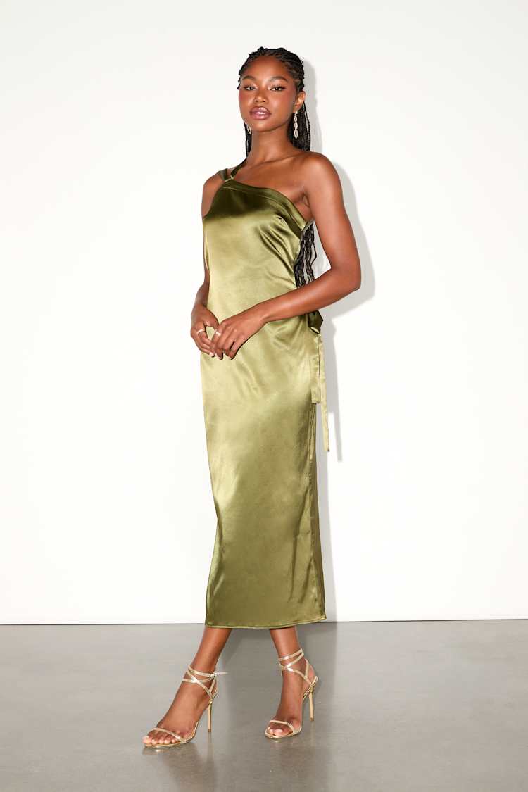 Yvonne Olive Green Satin One-Shoulder Midi Dress