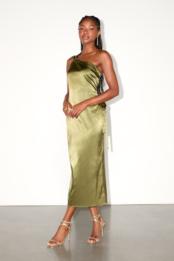 Yvonne Olive Green Satin One-Shoulder Midi Dress 2