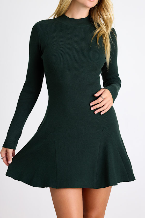 Adorable Intentions Emerald Mock Neck A-Line Mini Sweater Dress 2