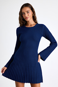 Convincing Poise Navy Ribbed Long Sleeve Skater Mini Dress 1