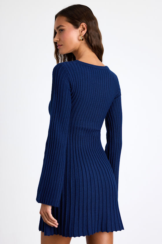 Convincing Poise Navy Ribbed Long Sleeve Skater Mini Dress