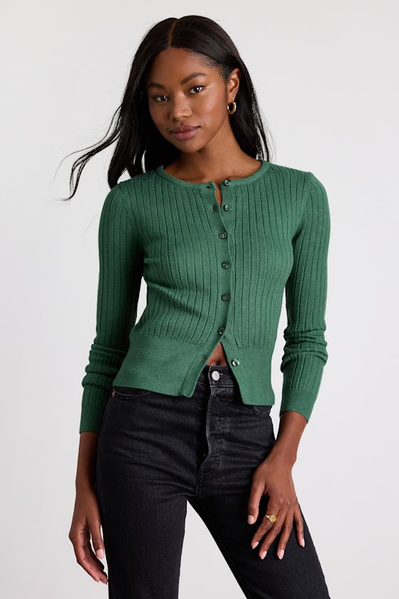 Perfect Classic Dark Green Ribbed Knit Cardigan Sweater 1