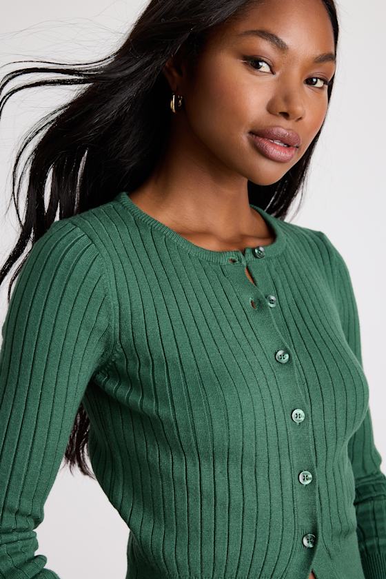 Perfect Classic Dark Green Ribbed Knit Cardigan Sweater 2