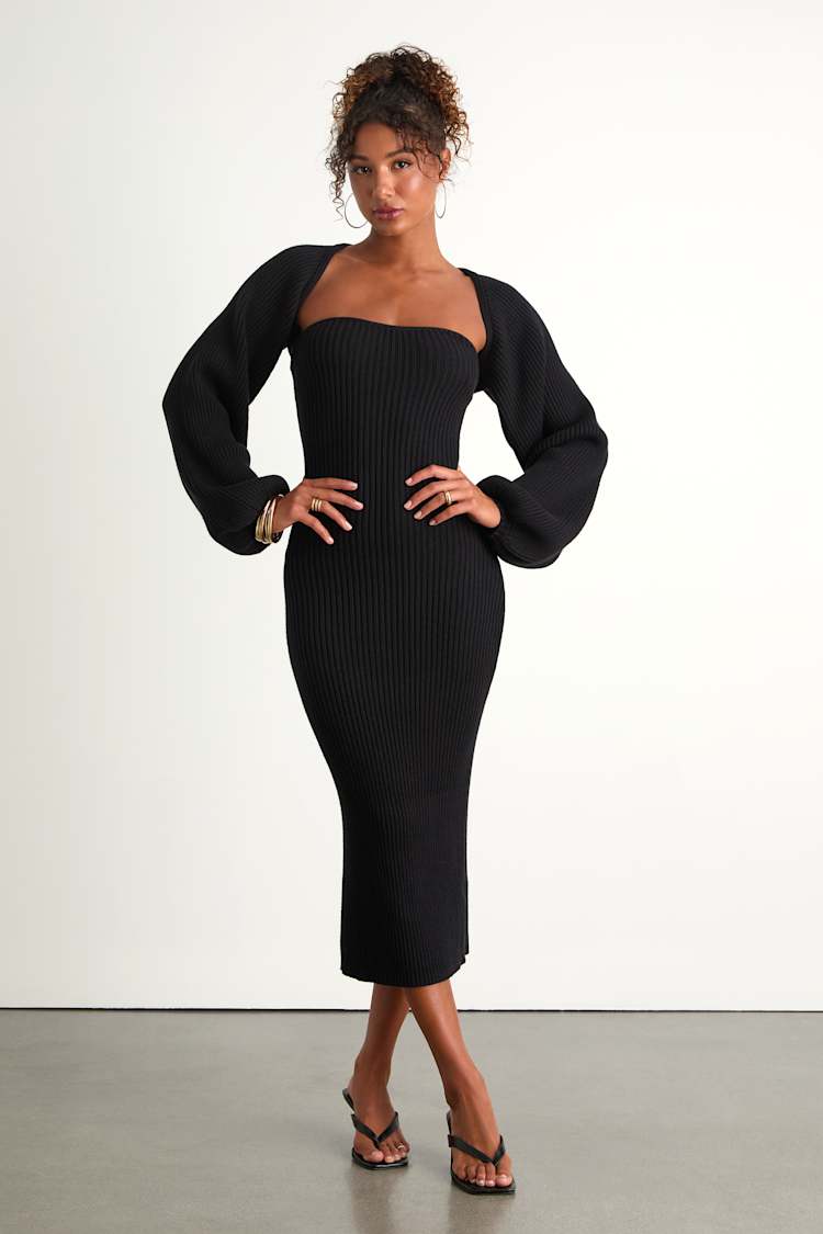 Black Ribbed Two-Piece Sweater Dress | Womens | X-Small (Available in Xxs) | Polyester/Rayon/Nylon