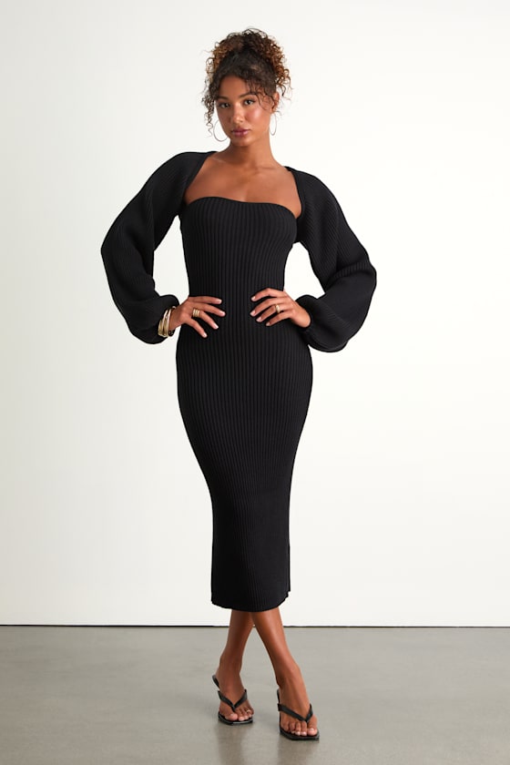 Autumn Aura Black Ribbed Two-Piece Sweater Dress 1