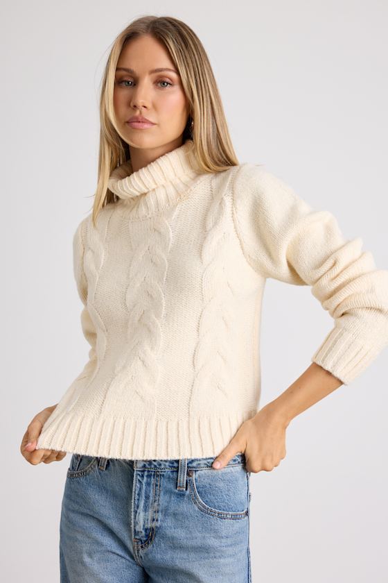 Snuggly Touch Ivory Cable Knit Turtleneck Sweater - thumbnail 3