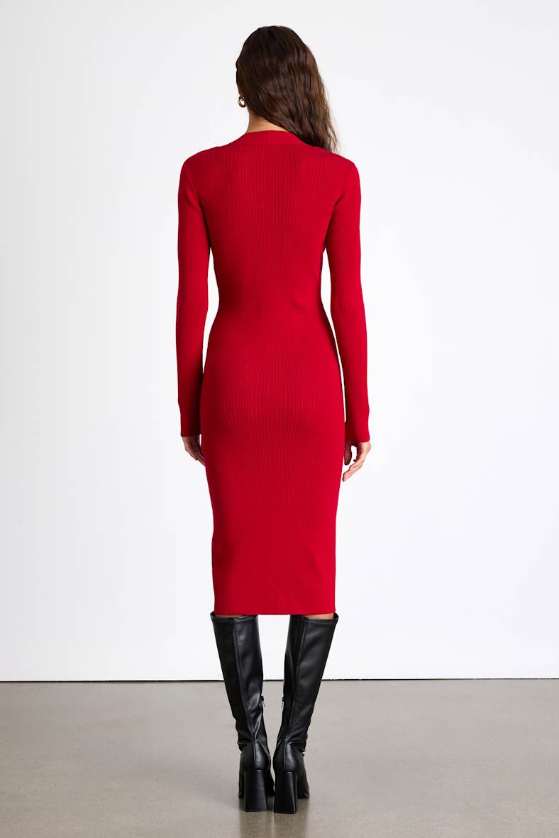 Adoring Me Red Ribbed Long Sleeve Midi Sweater Dress