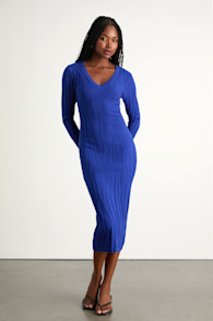High Appeal Royal Blue Textured V-Neck Midi Sweater Dress 1