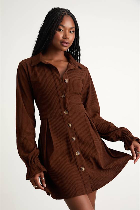 Women Brown Corduroy Front Button Dress