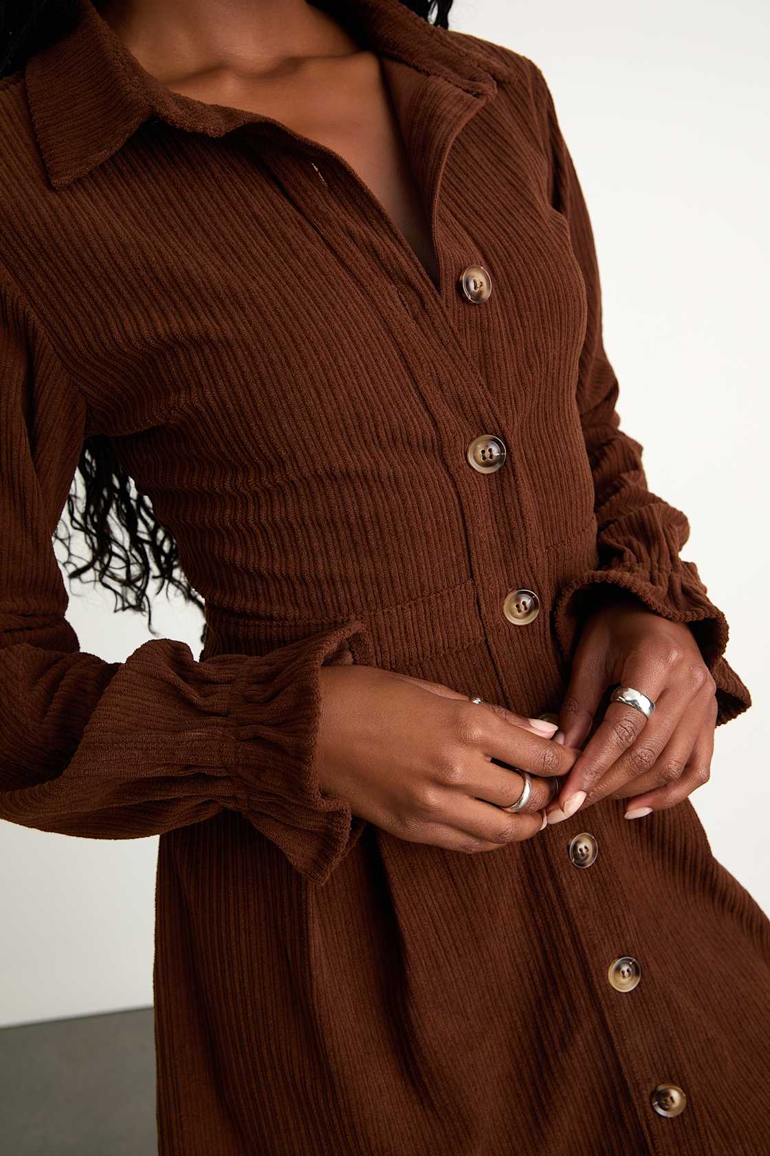 Autumn Mood Dark Brown Corduroy Mini Dress With Pockets