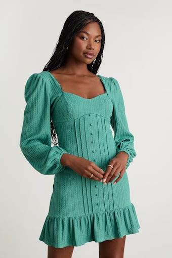 Coveted Sweetness Teal Pointelle Knit Long Sleeve Mini Dress 1