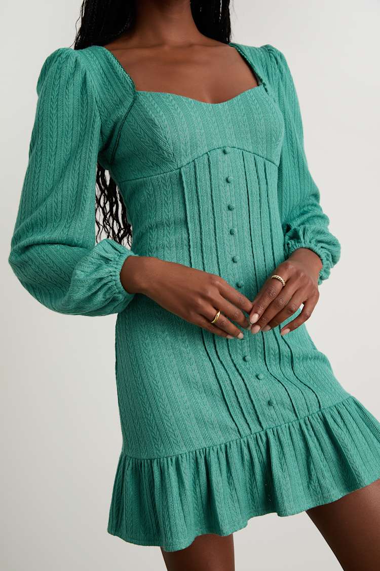 Coveted Sweetness Teal Pointelle Knit Long Sleeve Mini Dress