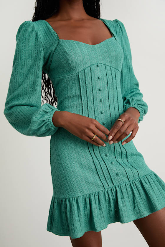 Coveted Sweetness Teal Pointelle Knit Long Sleeve Mini Dress 2