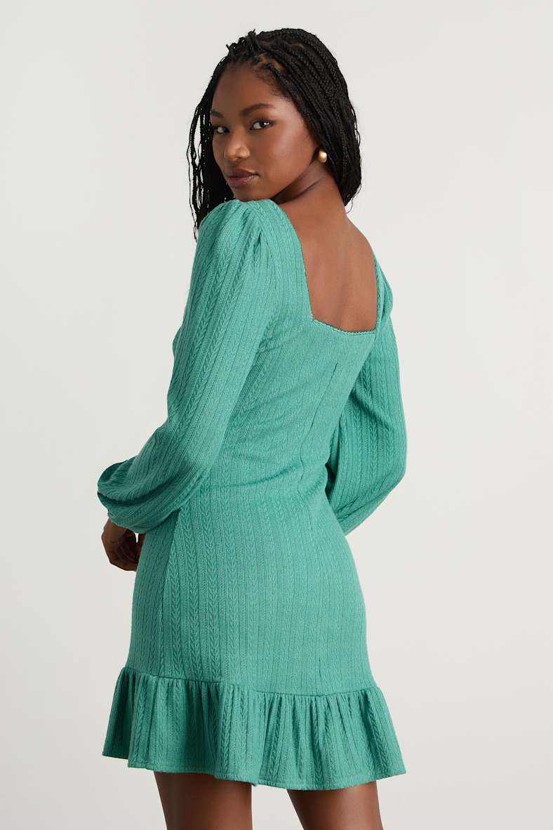 Coveted Sweetness Teal Pointelle Knit Long Sleeve Mini Dress
