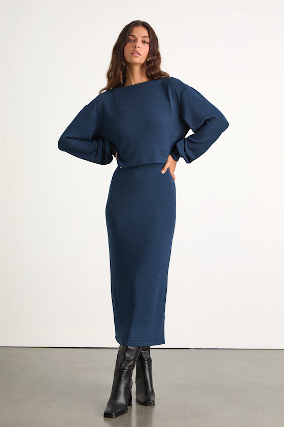blue long sleeve knit dress Lulus | Navy Two-Piece Midi & Sweater Set | Womens | Large (Available in XXS, XS, S, M, XL) Pre-owned SIze:L EastFlair Women's Elegant Black Designed with a relaxed