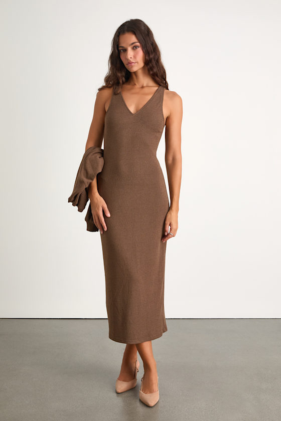 Marvelous Match Brown Knit Two-Piece Midi Dress & Sweater Set 1