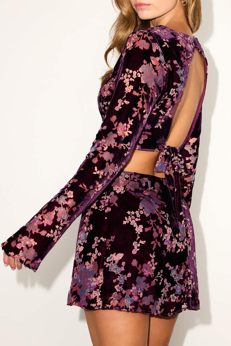 Talaria Plum Velvet Burnout Cutout Long Sleeve Crop Top