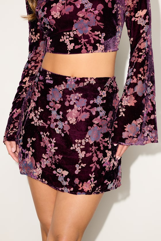 Plum Velvet Skirt - Burnout Floral Skirt - High-Rise Mini Skirt - Image 2