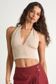 Niyara Beige Jersey Knit Halter Crop Top 1