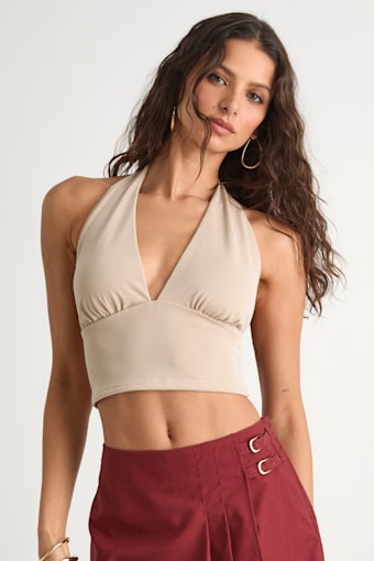 Niyara Beige Jersey Knit Halter Crop Top 1