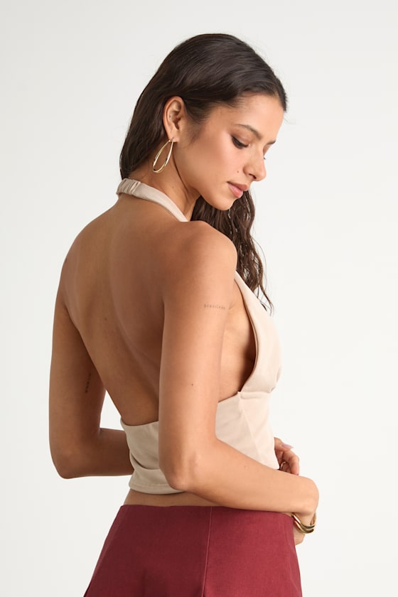 Niyara Beige Jersey Knit Halter Crop Top 2