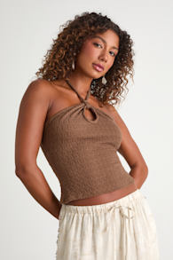 Korin Brown Textured Keyhole Halter Top 1