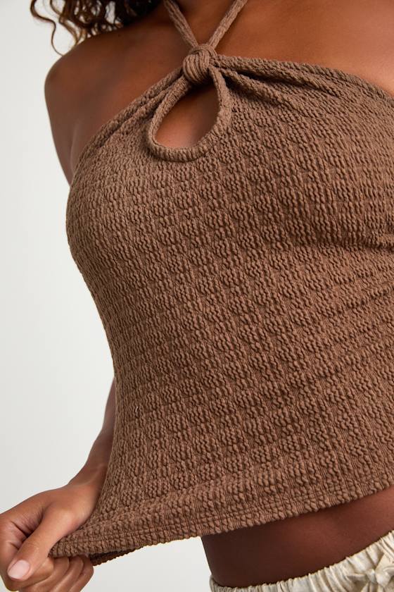 Korin Brown Textured Keyhole Halter Top 2