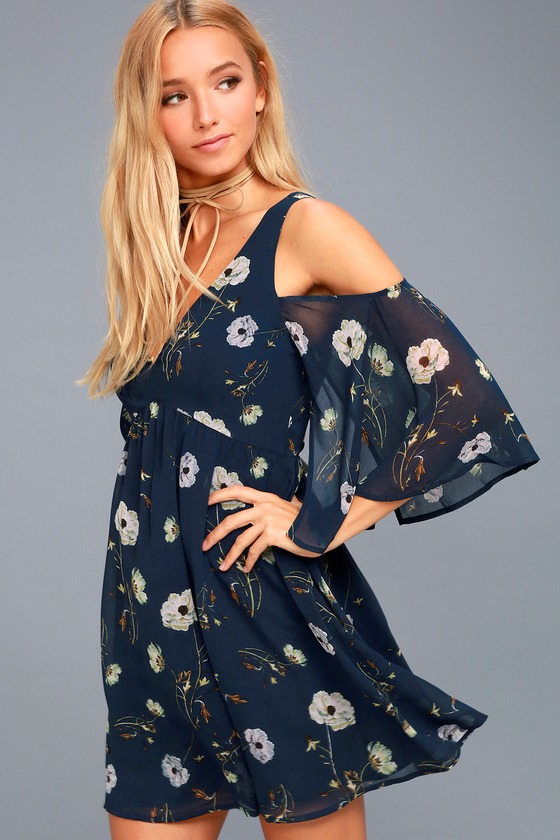 blue floral cold shoulder dress