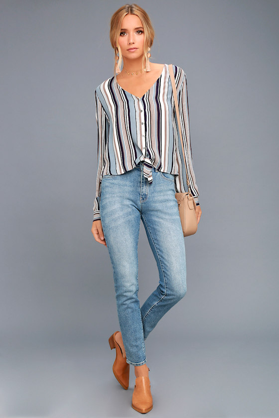 Always Faithful Blue Striped Long Sleeve Knotted Top 2