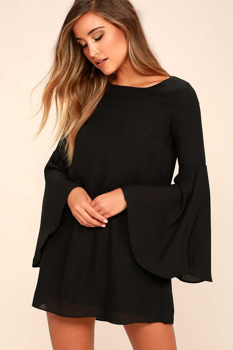 Chic Black Dress - Shift Dress - Bell Sleeve Dress - $49.00