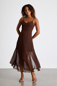 Euroa Brown Seamed Sleeveless Midi Dress 1