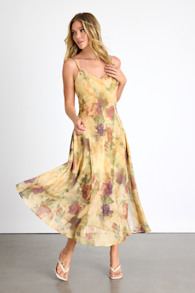 Euroa Yellow Abstract Floral Seamed Sleeveless Midi Dress 1