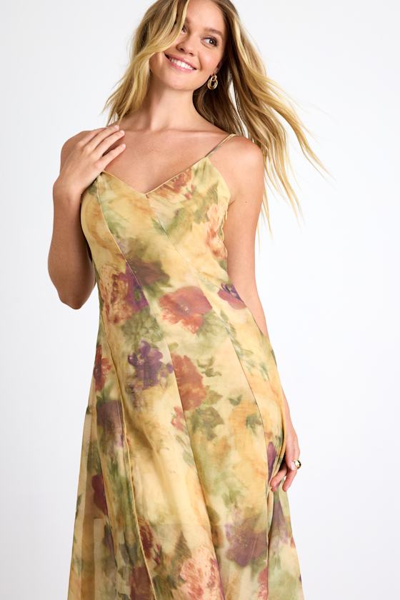 Euroa Yellow Abstract Floral Seamed Sleeveless Midi Dress 2