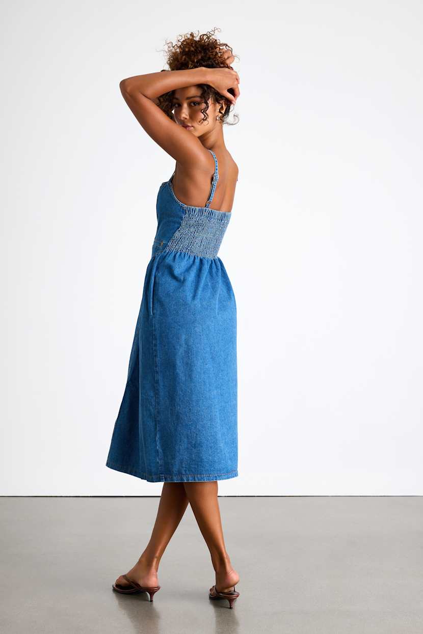 Medium Wash Midi Dress - Denim Dress - Button-Front Midi Dress - Lulus