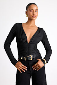 Naiari Black Slinky Knit Ruched Long Sleeve Bodysuit 1