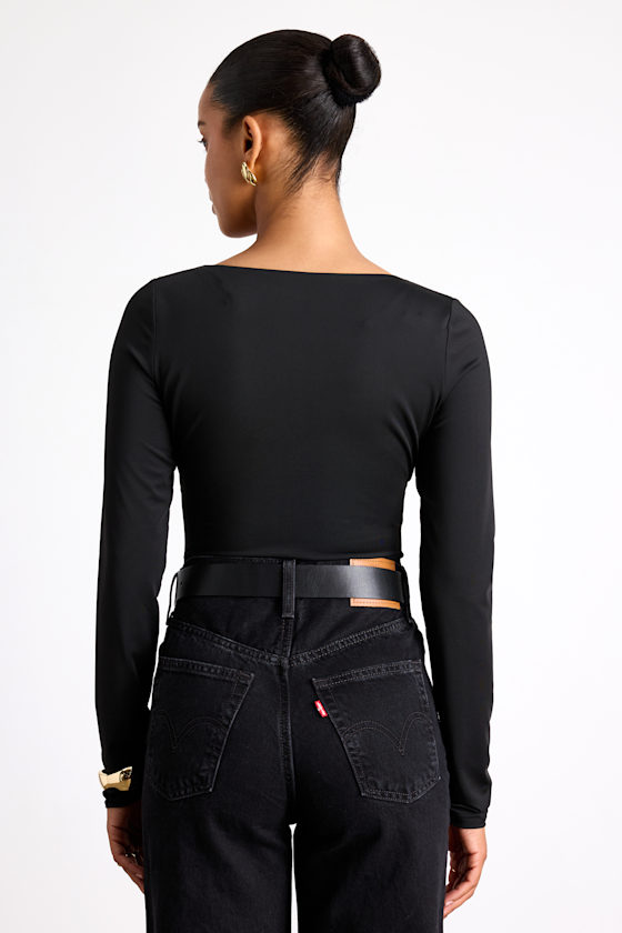 Black Slinky Knit Top - Ruched Bodysuit - Long Sleeve Bodysuit - Image 2