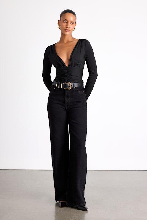Black Slinky Knit Top - Ruched Bodysuit - Long Sleeve Bodysuit - Image 3