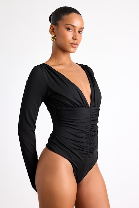 Black Slinky Knit Top - Ruched Bodysuit - Long Sleeve Bodysuit - Image 4
