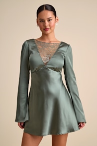 Emberlyn Sage Green Satin Lace Long Sleeve Mini Dress 1