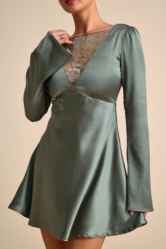 Emberlyn Sage Green Satin Lace Long Sleeve Mini Dress 2