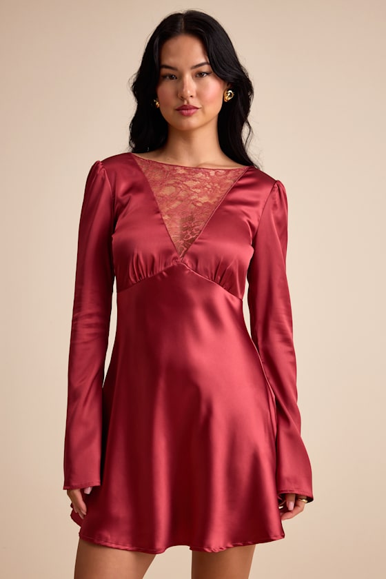 Emberlyn Rusty Rose Satin Lace Long Sleeve Mini Dress 1