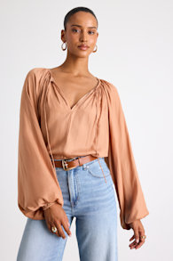 Hestia Tan Gathered Balloon Sleeve Top 1