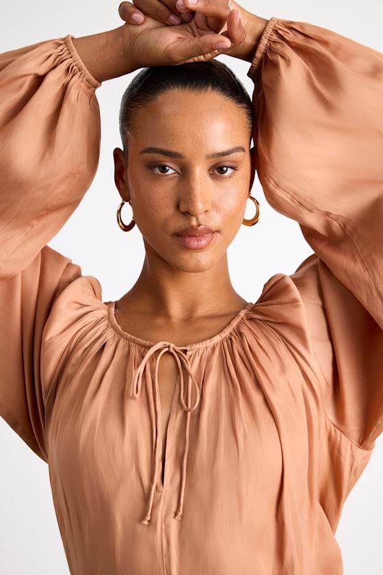 Tan Blouse Top - Gathered Boho Top - Long Balloon Sleeve Top - Lulus