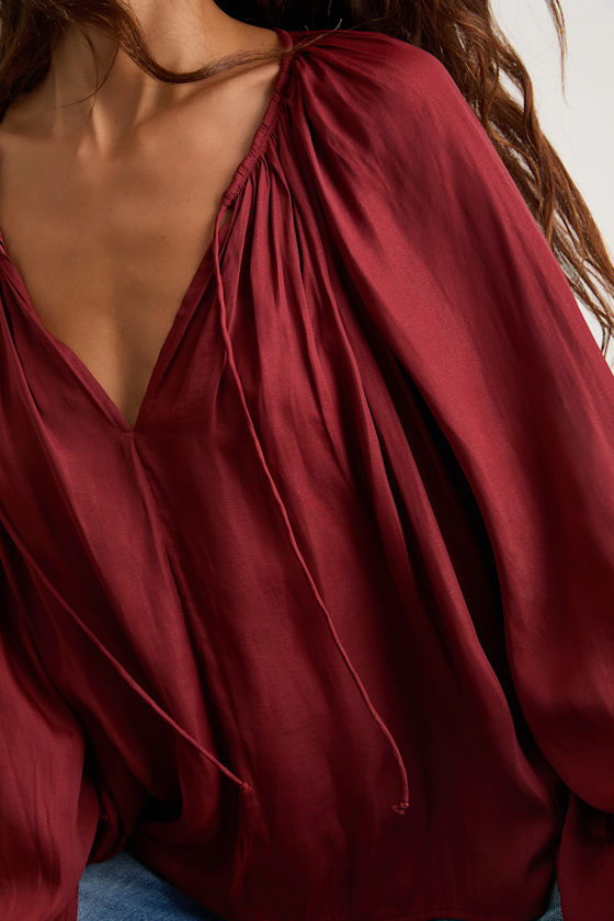 Hestia Wine Red Gathered Balloon Sleeve Top 2