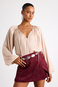 Hestia Beige Gathered Balloon Sleeve Top 1