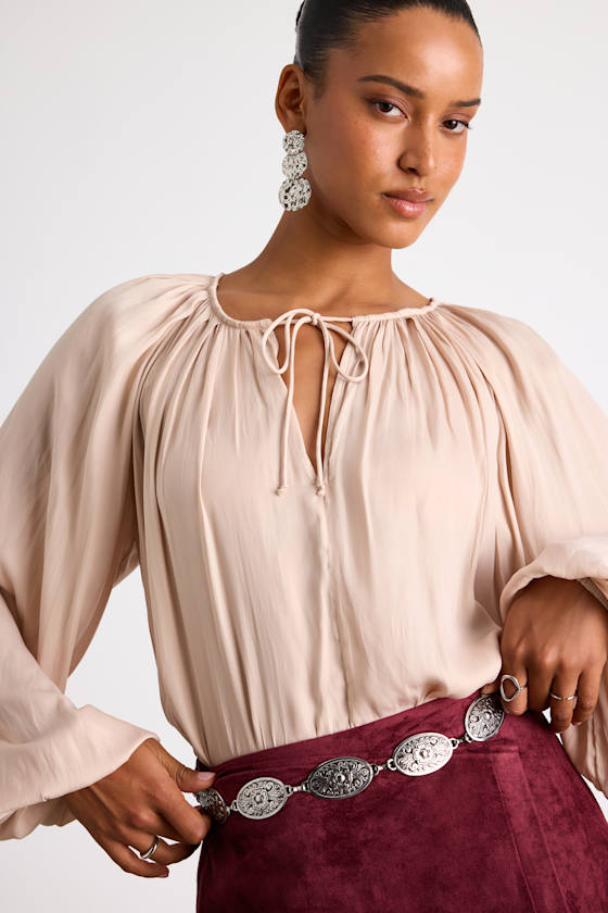 Hestia Beige Gathered Balloon Sleeve Top 2