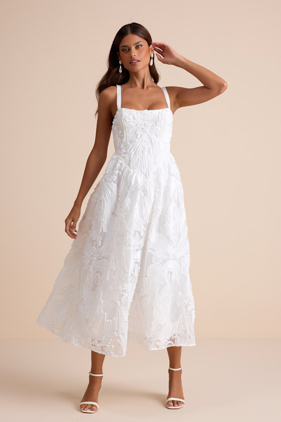 White Textured Dress - Corset Basque Waist Dress - Lace-Up Midi