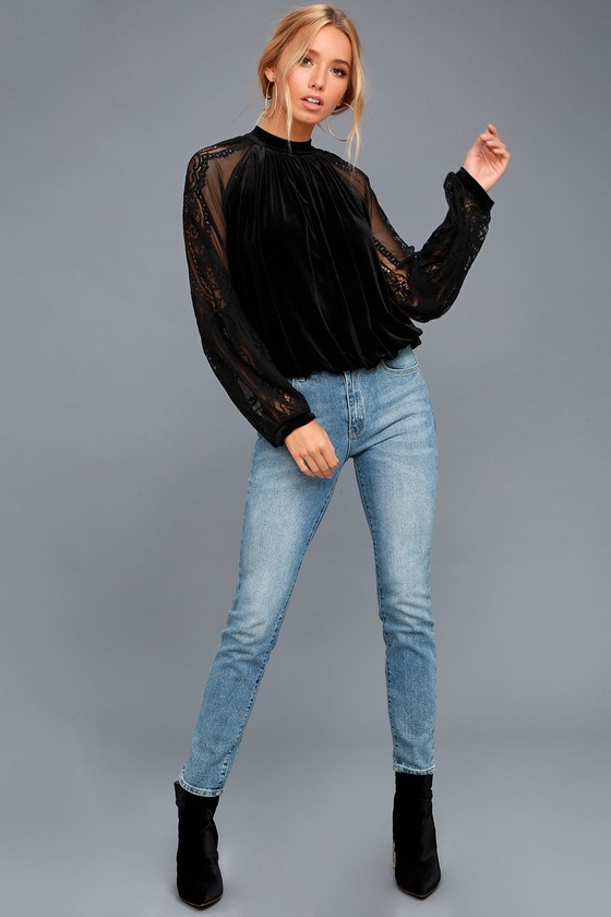 Black velvet top long sleeve top
